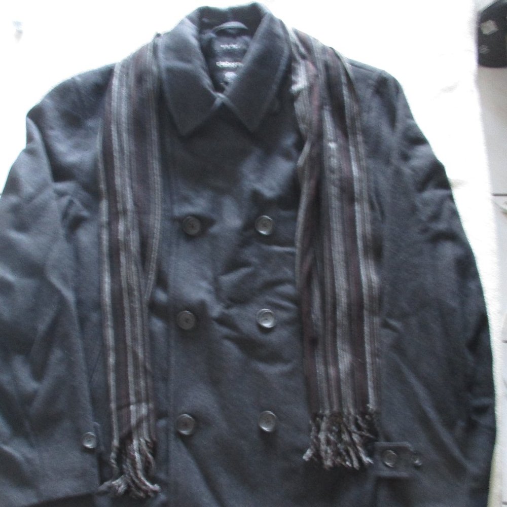 Claiborne Men Coat XL Charcoal Double Breated Quil